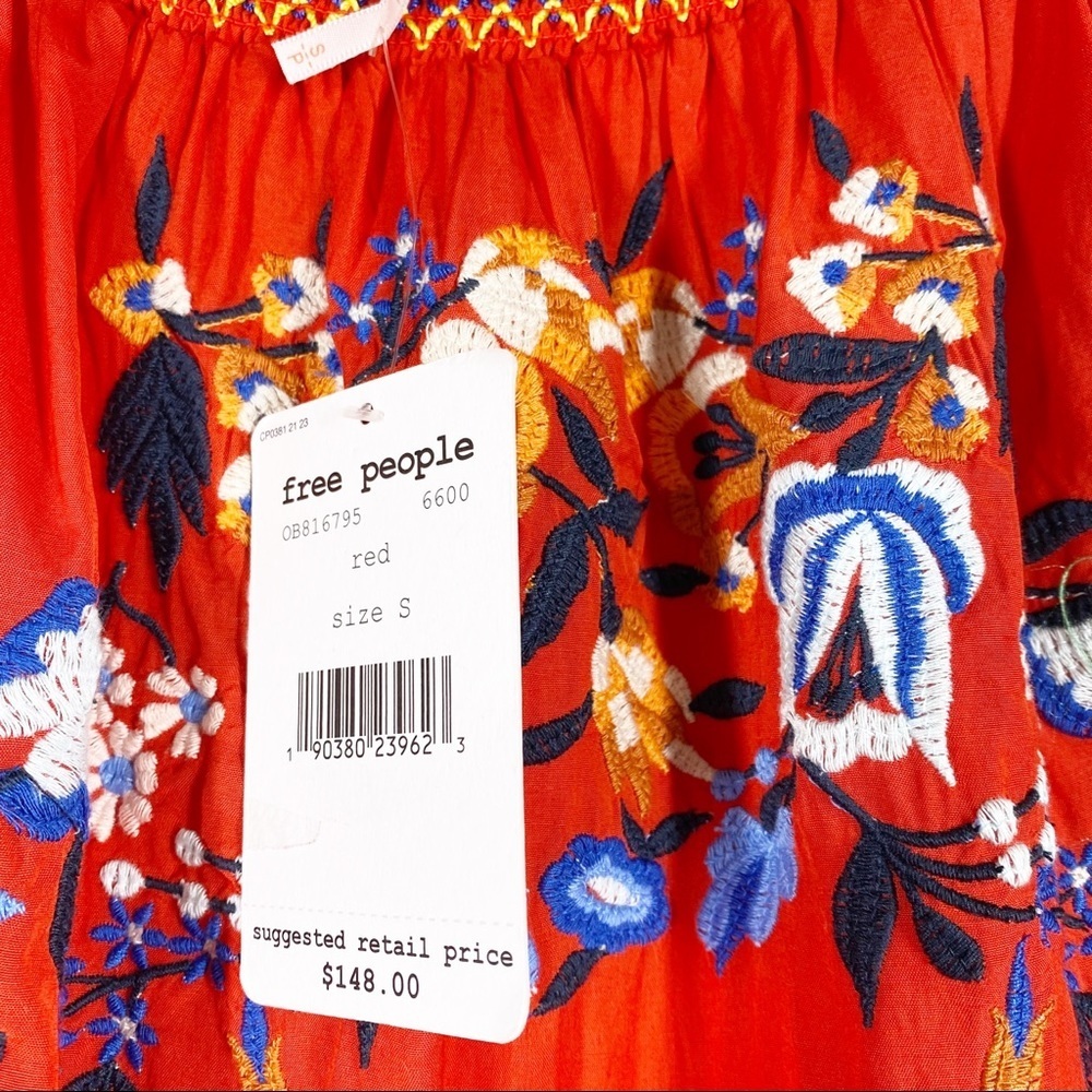 NEW Free People Sunbeam Red Floral Embroidered Off The Shoulder Mini Dress S - Picture 8 of 12